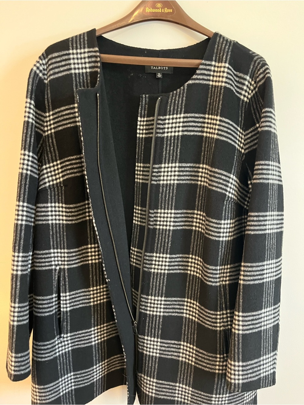 Talbots Black & White Plaid Collarless Peacoat